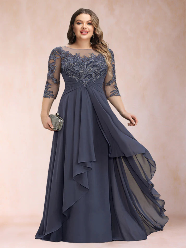 Princess Scoop 3/4 Sleeves Chiffon Plus Size Mother of the Bride Dresses
